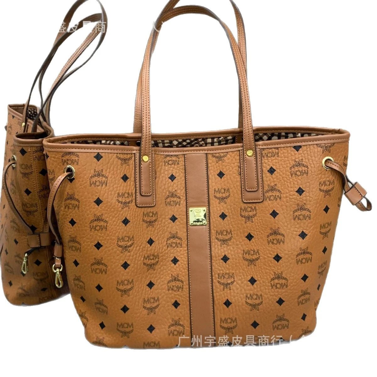 MCM Visetos Tan Brown Monogram Tote Bag