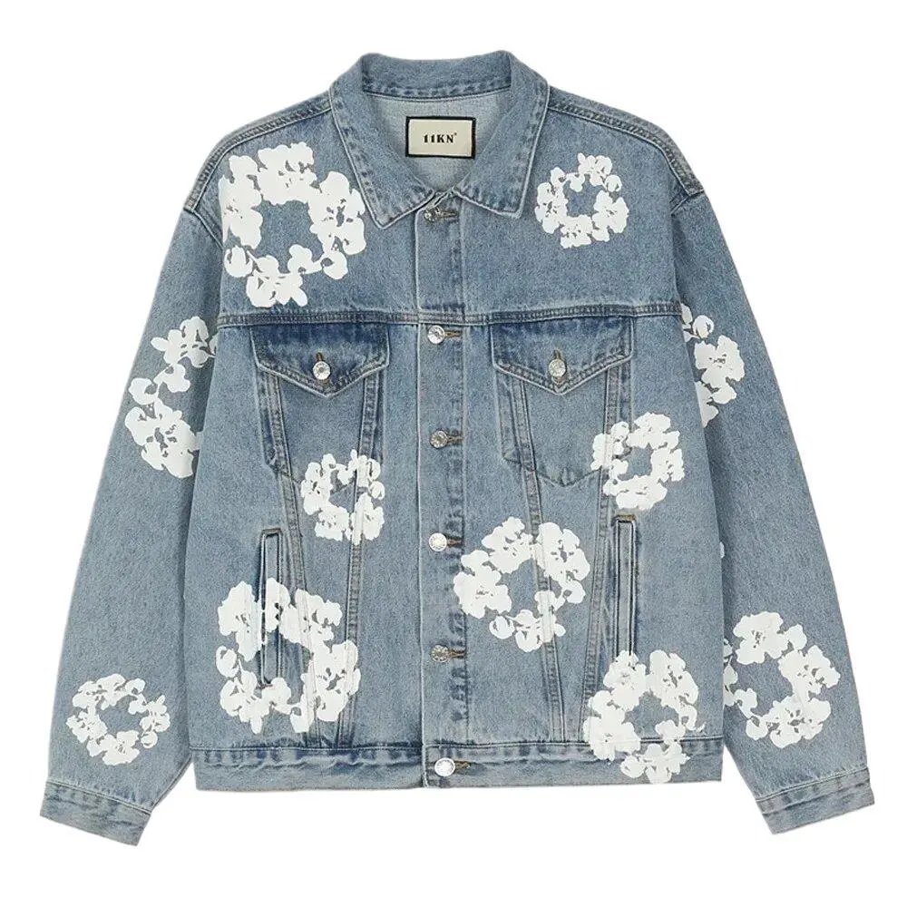 Black Denim Jacket White Floral Embroidery Oversized Style