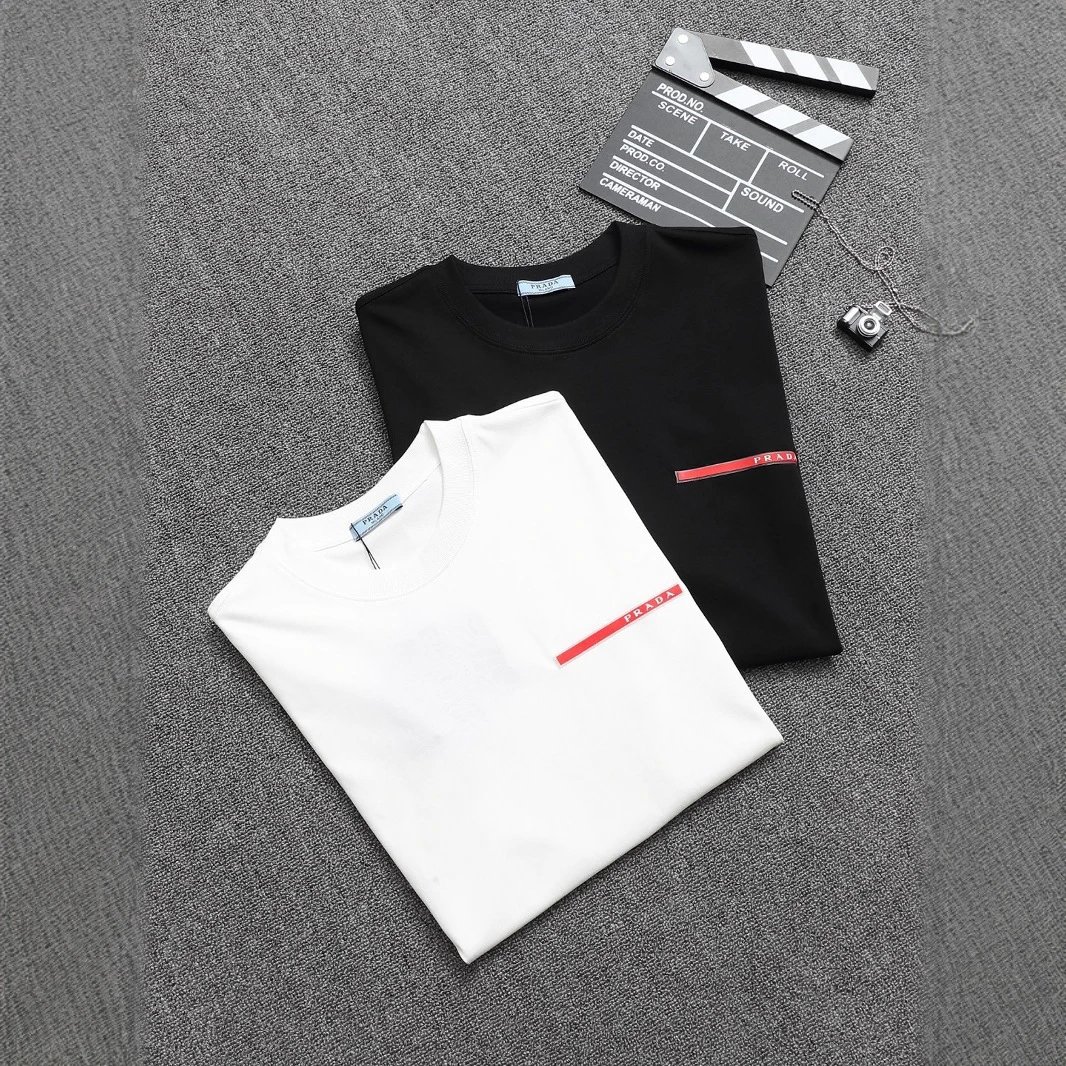 Prada Logo Print White Black Pink Navy Beige Casual T-Shirt