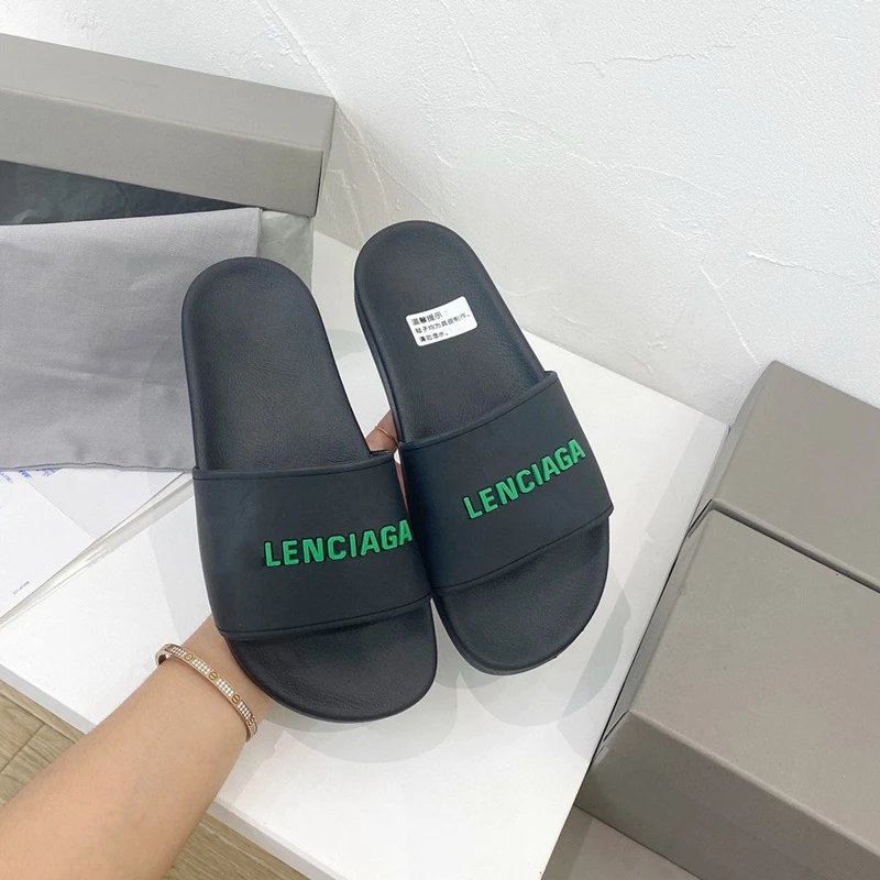 Lenciaga Logo Black Slide Sandals