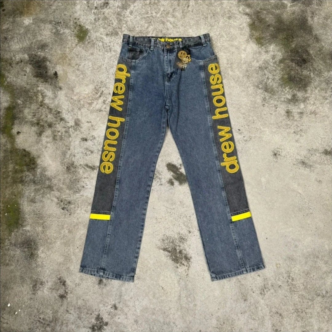Drew House Logo Stripe Blue Denim Straight Leg Jeans