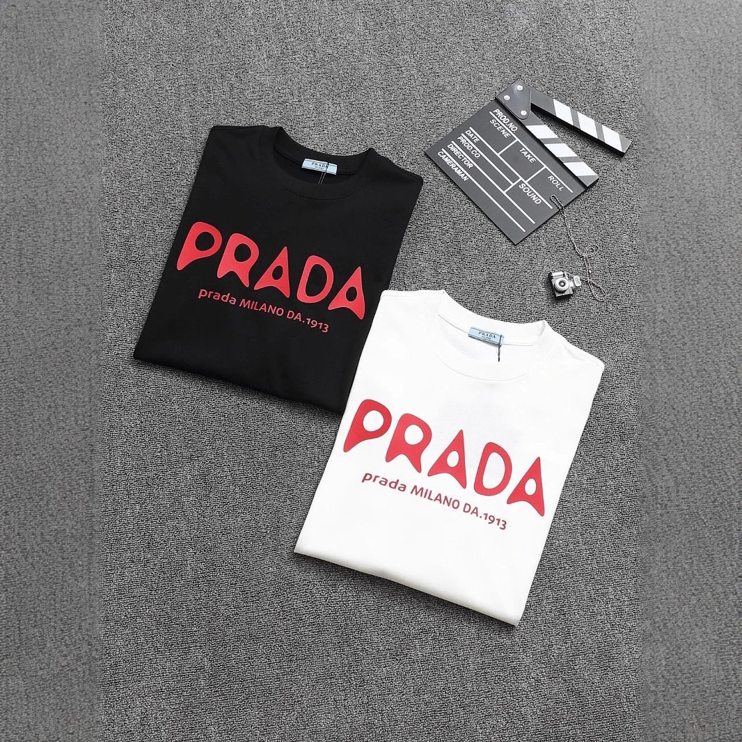 Prada Logo Print White Black Pink Navy Beige Casual T-Shirt