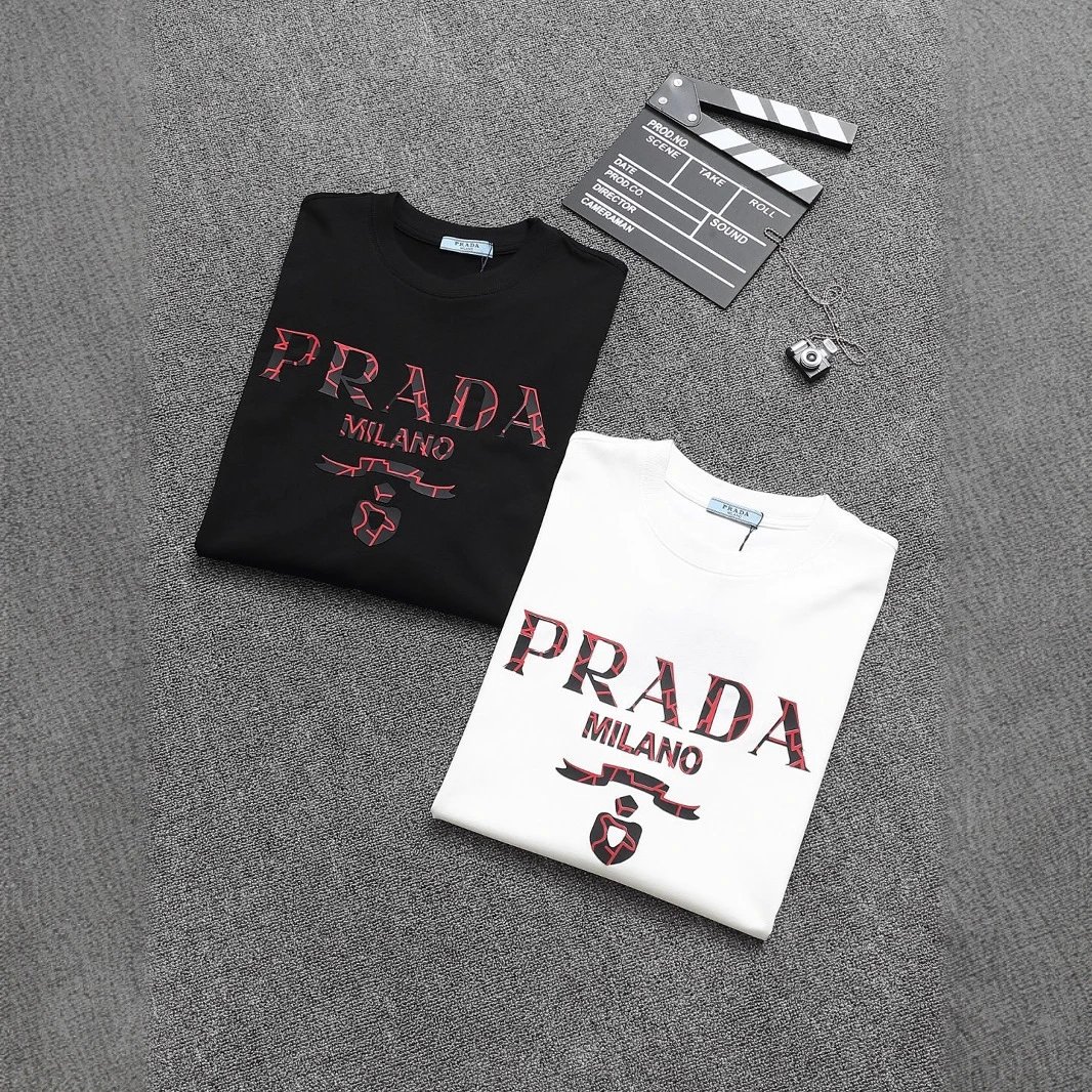 Prada Logo Print White Black Pink Navy Beige Casual T-Shirt