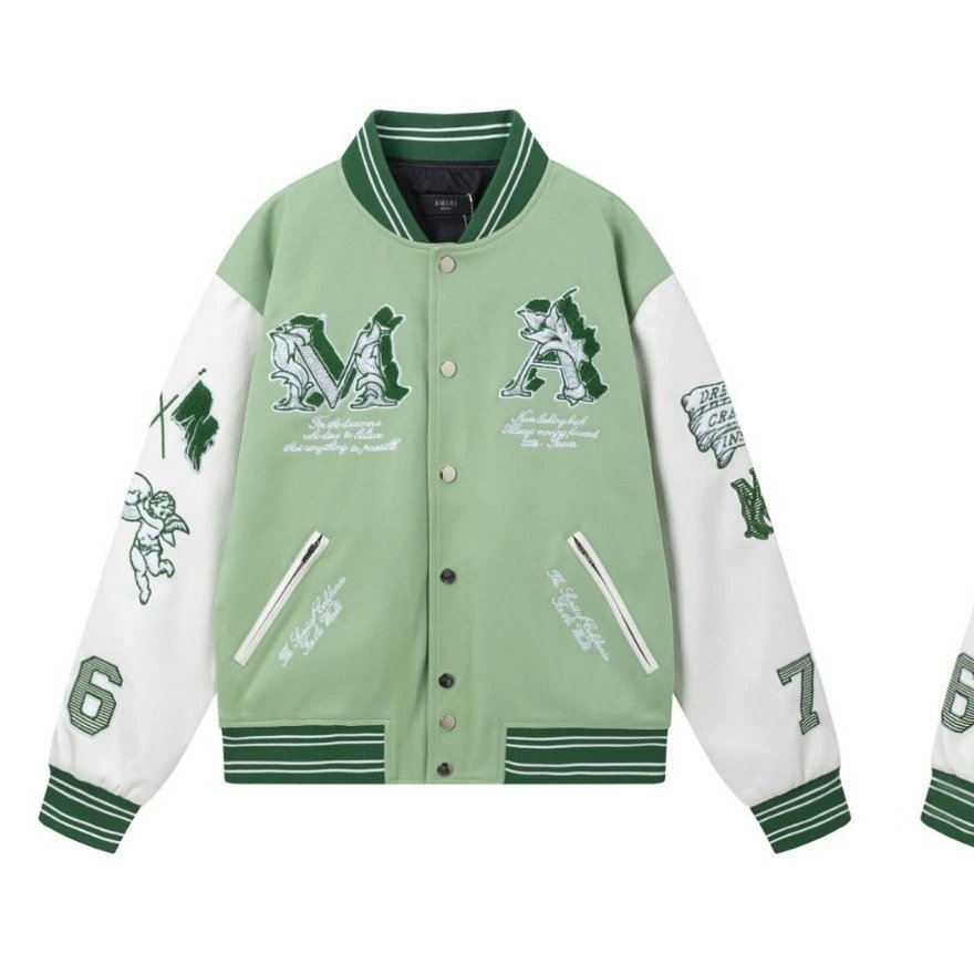 Amiri Varsity Jacket Green Black Embroidered Graphic Bomber