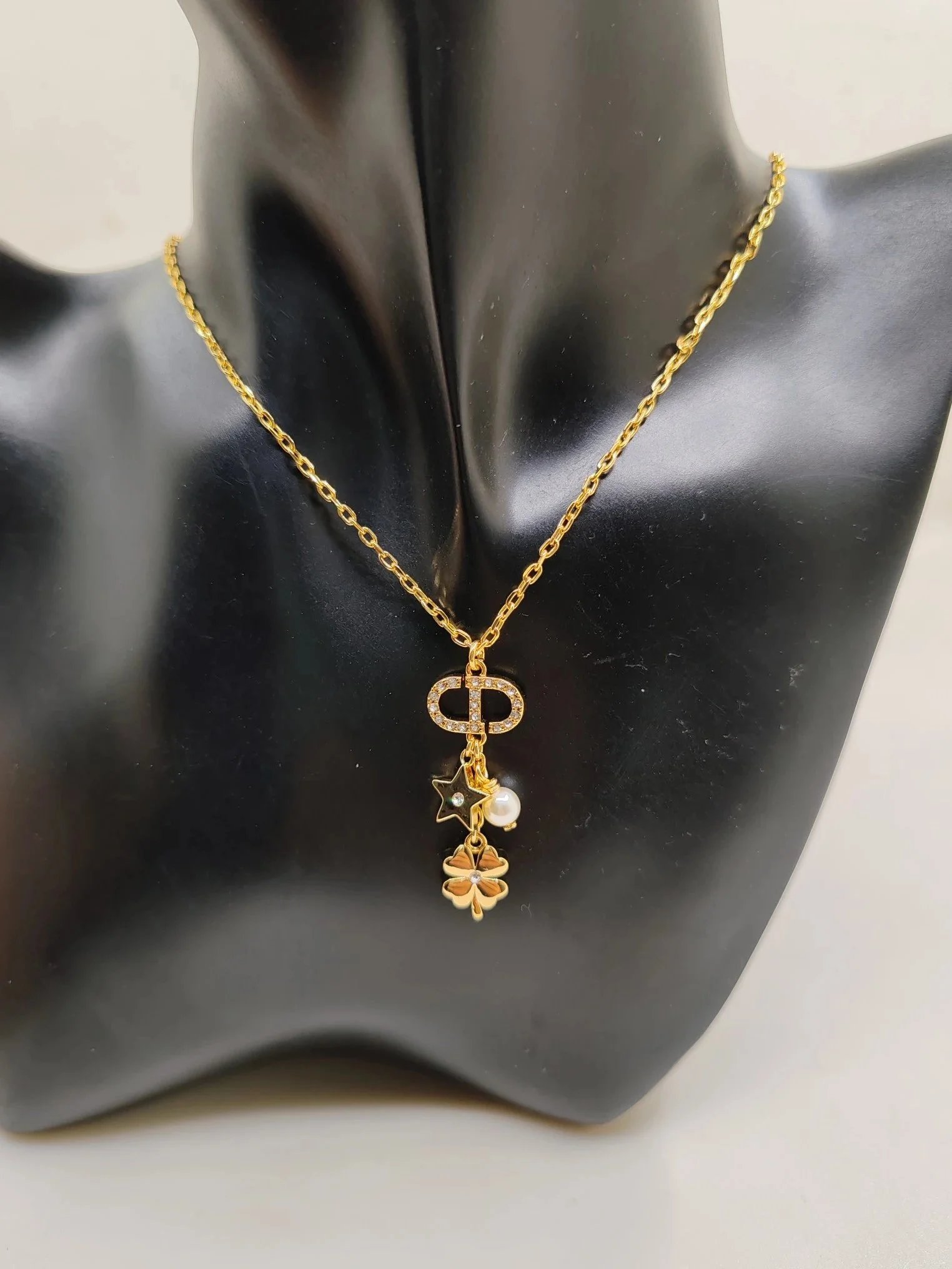 Dior CD Logo Gold Tone Pendant Necklace With Pearl Star And Clover Charm