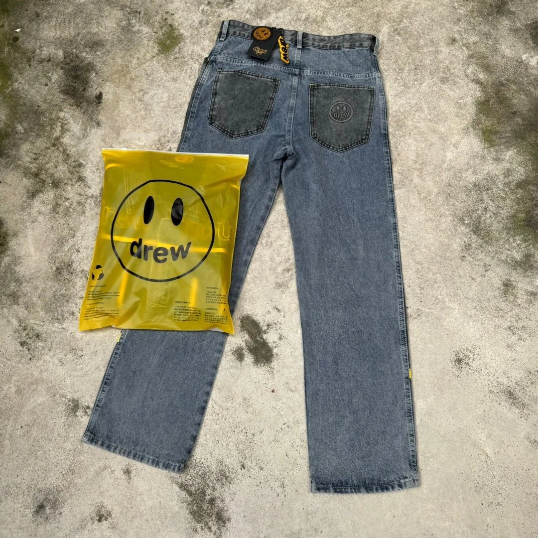 Drew House Logo Stripe Blue Denim Straight Leg Jeans
