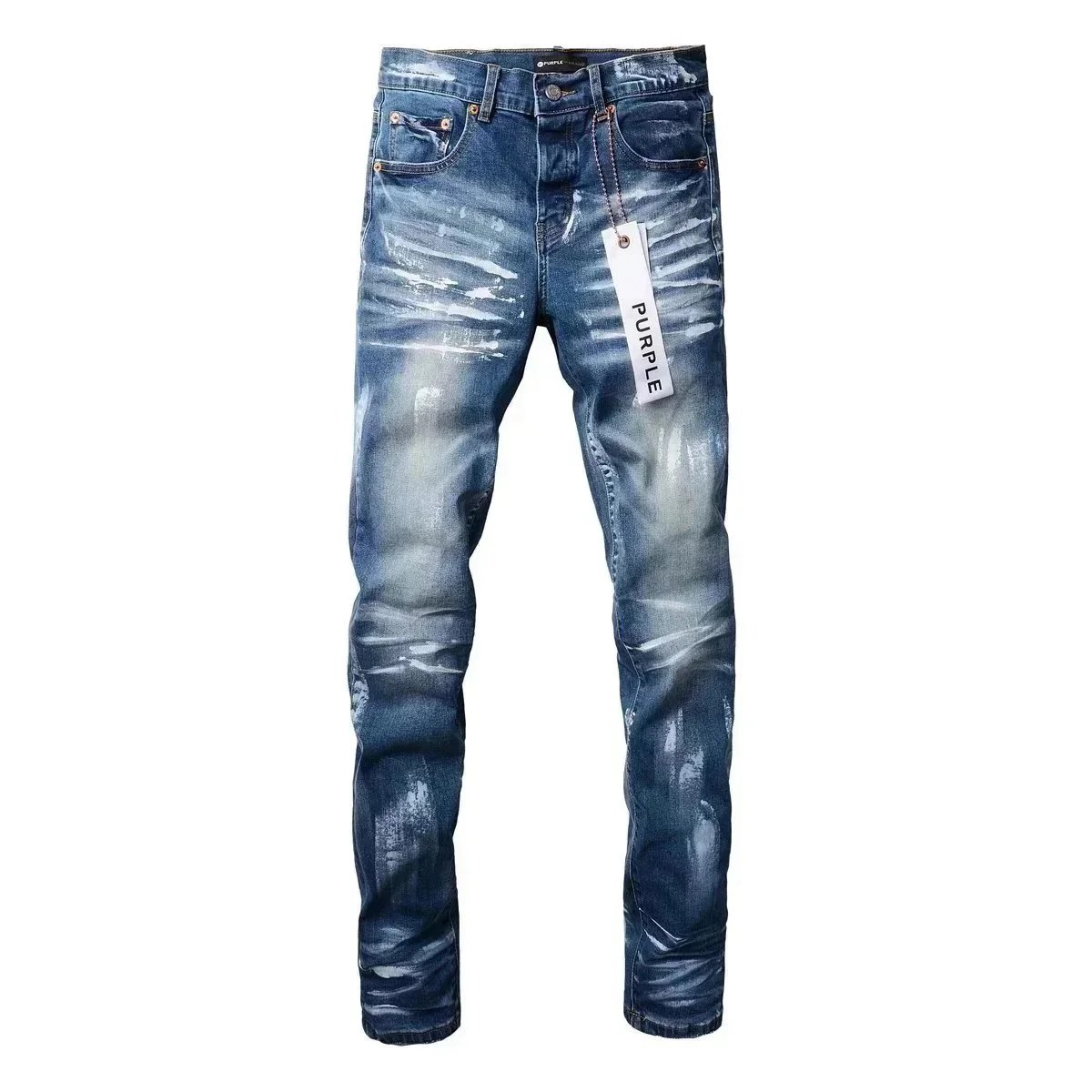 Purple Distressed Denim Jeans Black Light Blue Dark Grey Star Paint Splatter Ripped Slim Fit