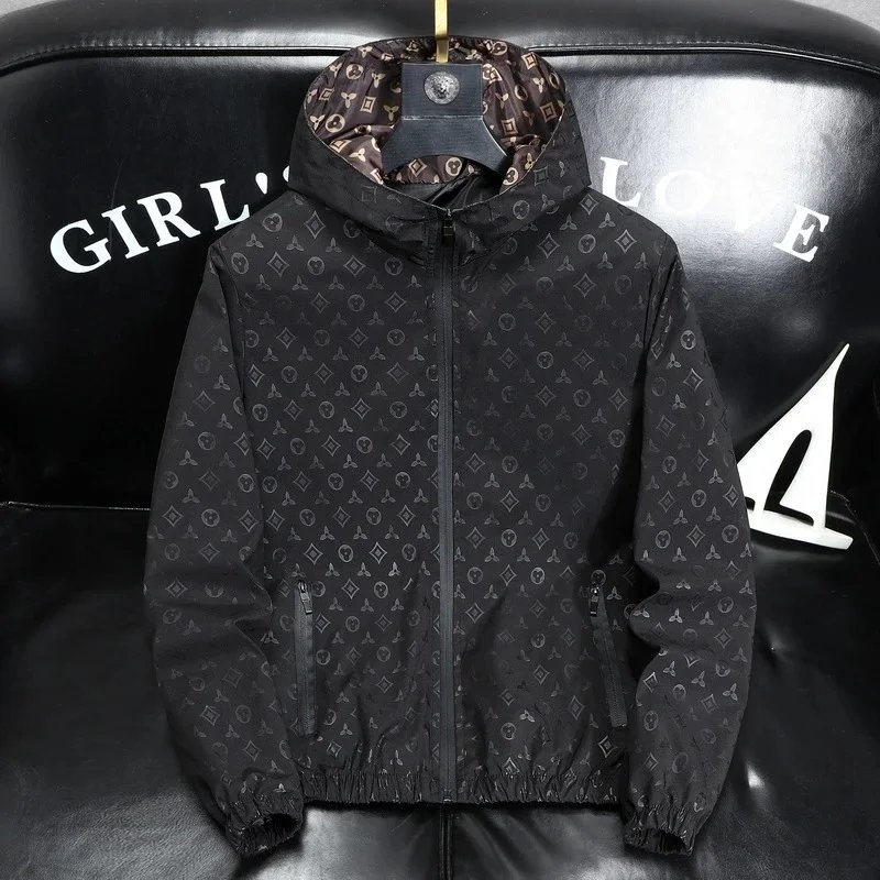 Monogram Print Black Hooded Lightweight Jacket