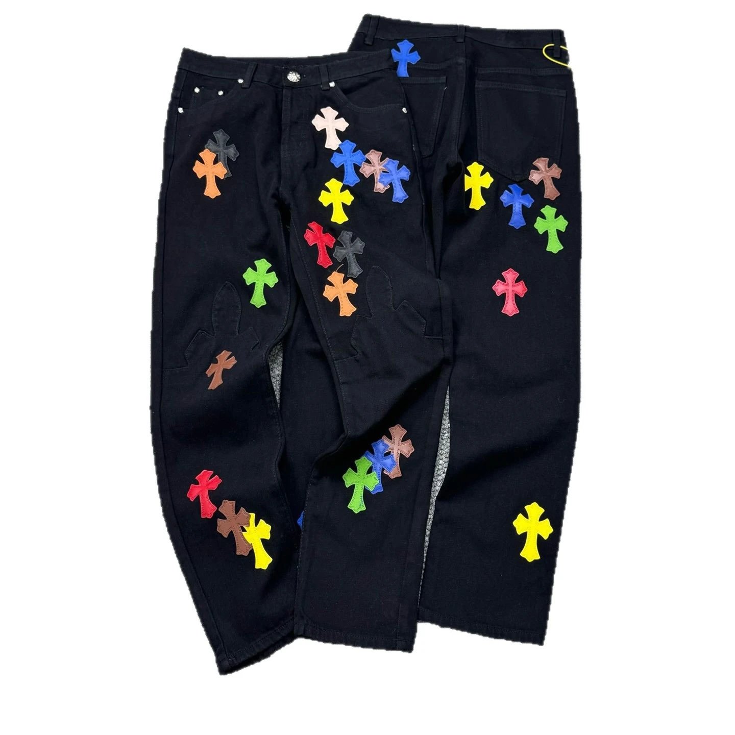 Chrome Hearts Black Cross Embroidered Straight Leg Jeans