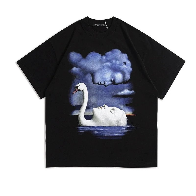 DX269 2024 Summer New Love Swan Pure Cotton Short Sleeve Streetwear Hip Hop Streetwear Loose Fit Unisex T-Shirt Couple Style