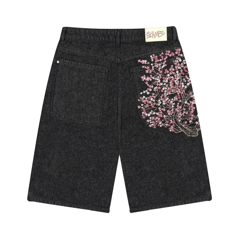 DX243 Street Style Retro Gothic Hip Hop Unisex Black Denim Shorts with Embroidered Cherry Blossom Pattern