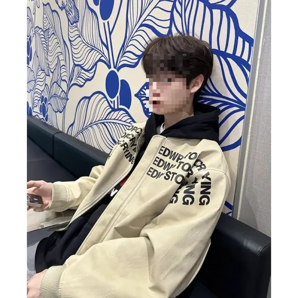Design EDWP Oversized Graphic Print Beige Bomber Jacket Outerwear.jacket - 4