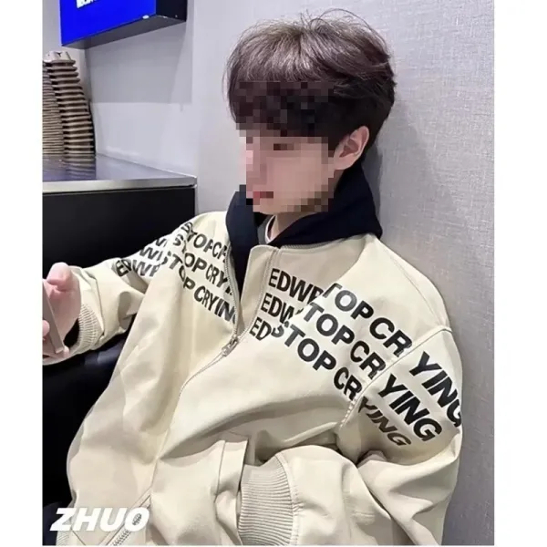 Design EDWP Oversized Graphic Print Beige Bomber Jacket Outerwear.jacket - 10
