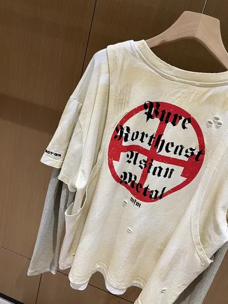 Design Layered Long Sleeve T-Shirt with Iron Cross and Anti-Morality Graphic Beige - 6