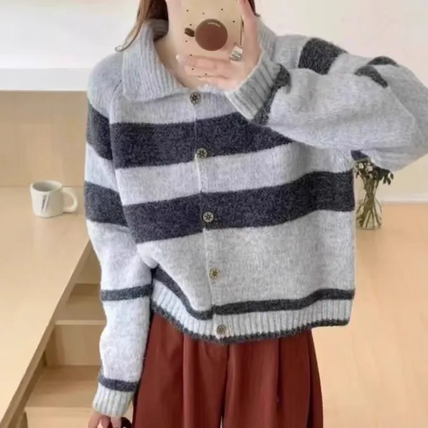 Design Striped Collar Cardigan Gray Navy - 1