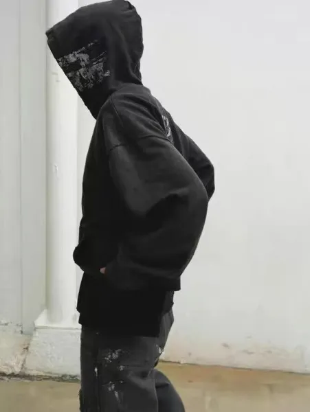 Design Distressed Oversized Zip-Up Hoodie Black - 6