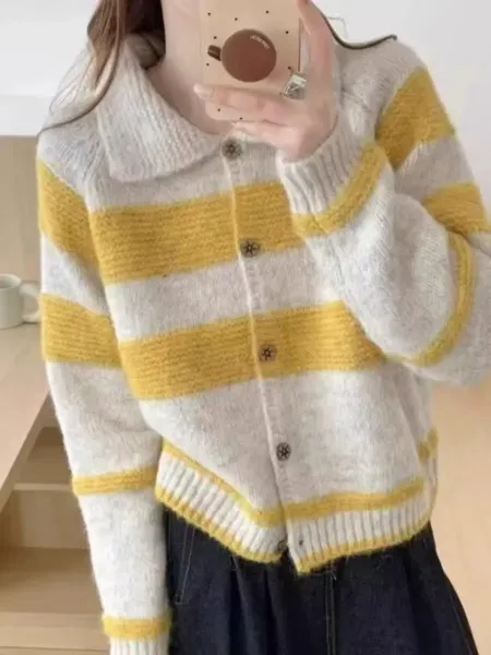 Design Striped Collar Cardigan Yellow and White Knit Cardigan - 5