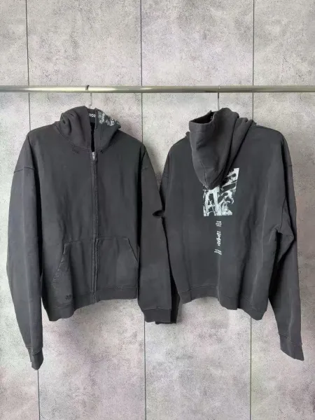 Design Distressed Oversized Zip-Up Hoodie Black - 14