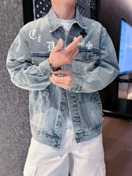Chrome Hearts Embroidered Distressed Denim Jacket Light Wash Denim-Jacket - 12