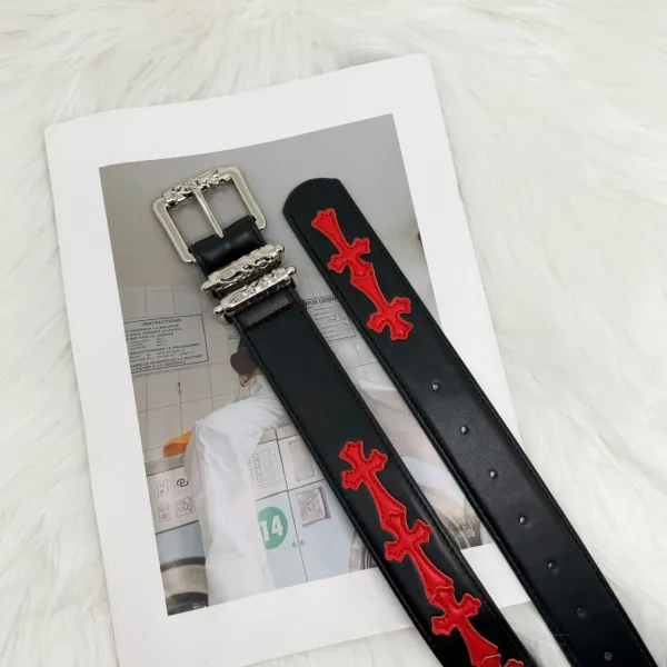 Chrome Hearts Cross Embroidered Leather Belt Black Red - 1