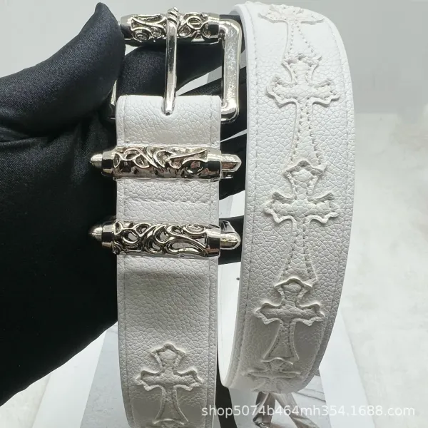 Chrome Hearts White Cross-Embossed Leather Belt - 1