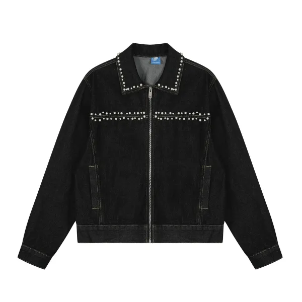 Design Denim Jacket with Pearl Embellishment Gray - 3