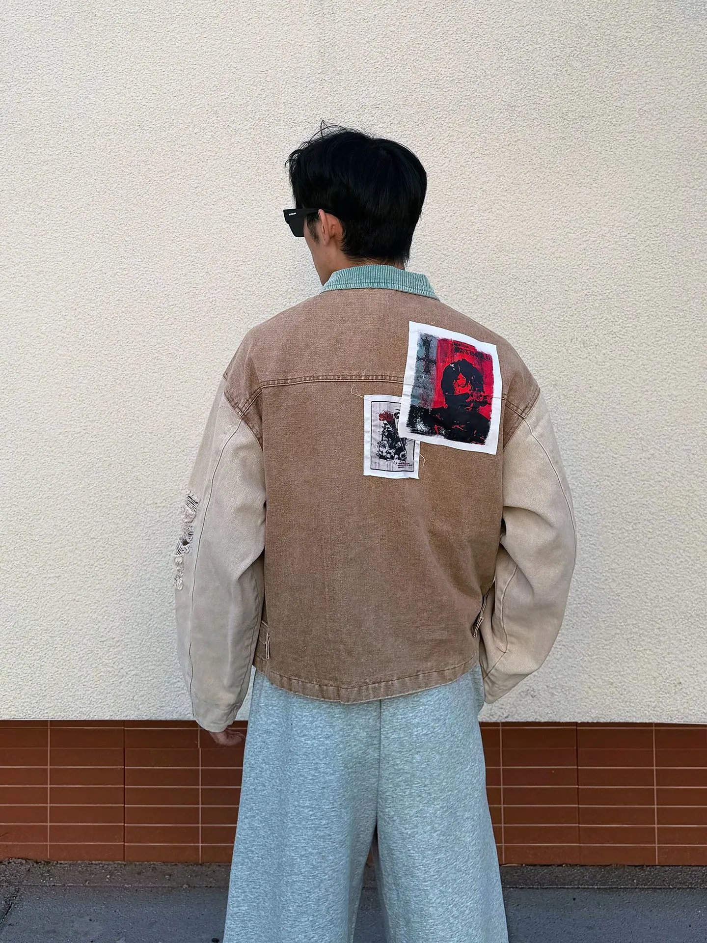 Design Patchwork Denim Jacket Beige Multicolor Outerwear - 9