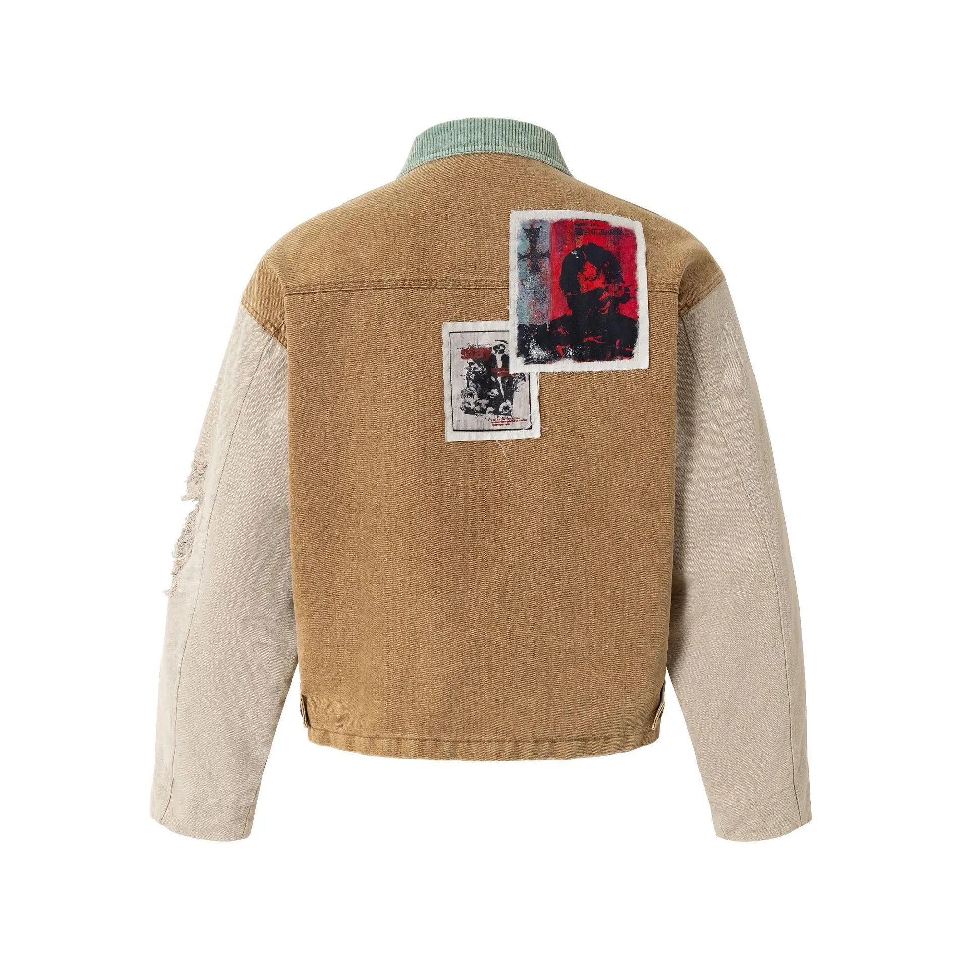 Design Patchwork Denim Jacket Beige Multicolor Outerwear - 11