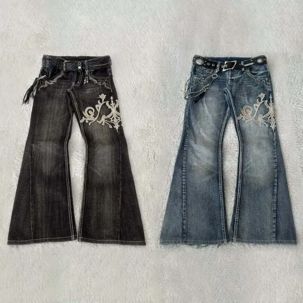 Design Flared Jeans with Embroidered Floral Motif and Chain Detail - 1