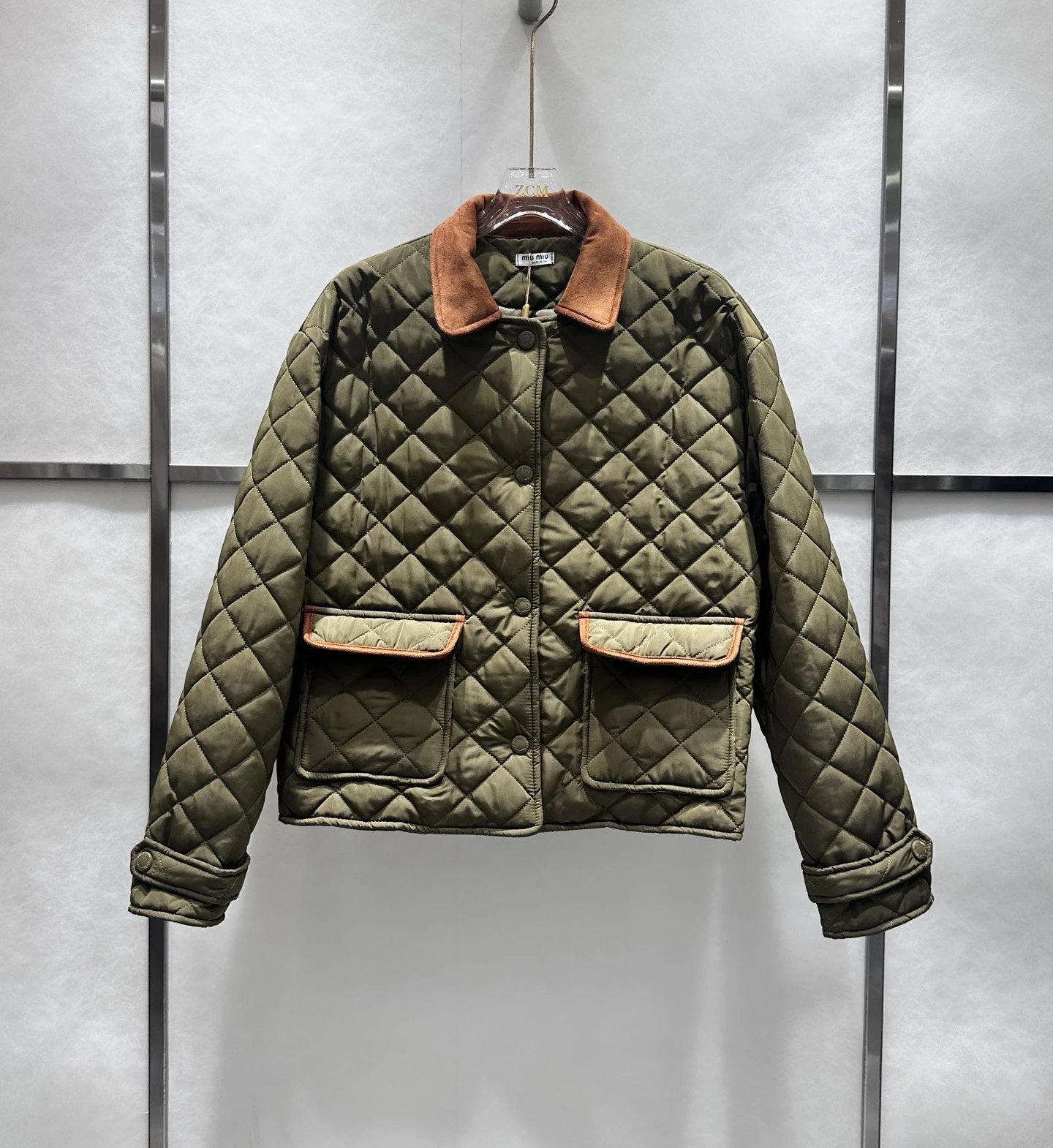 Design Quilted Diamond Stitch Jacket Beige with Brown Collar and Trim Outerwear - 5