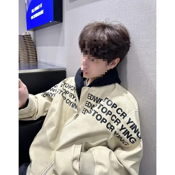 Design EDWP Oversized Graphic Print Beige Bomber Jacket Outerwear.jacket - 5