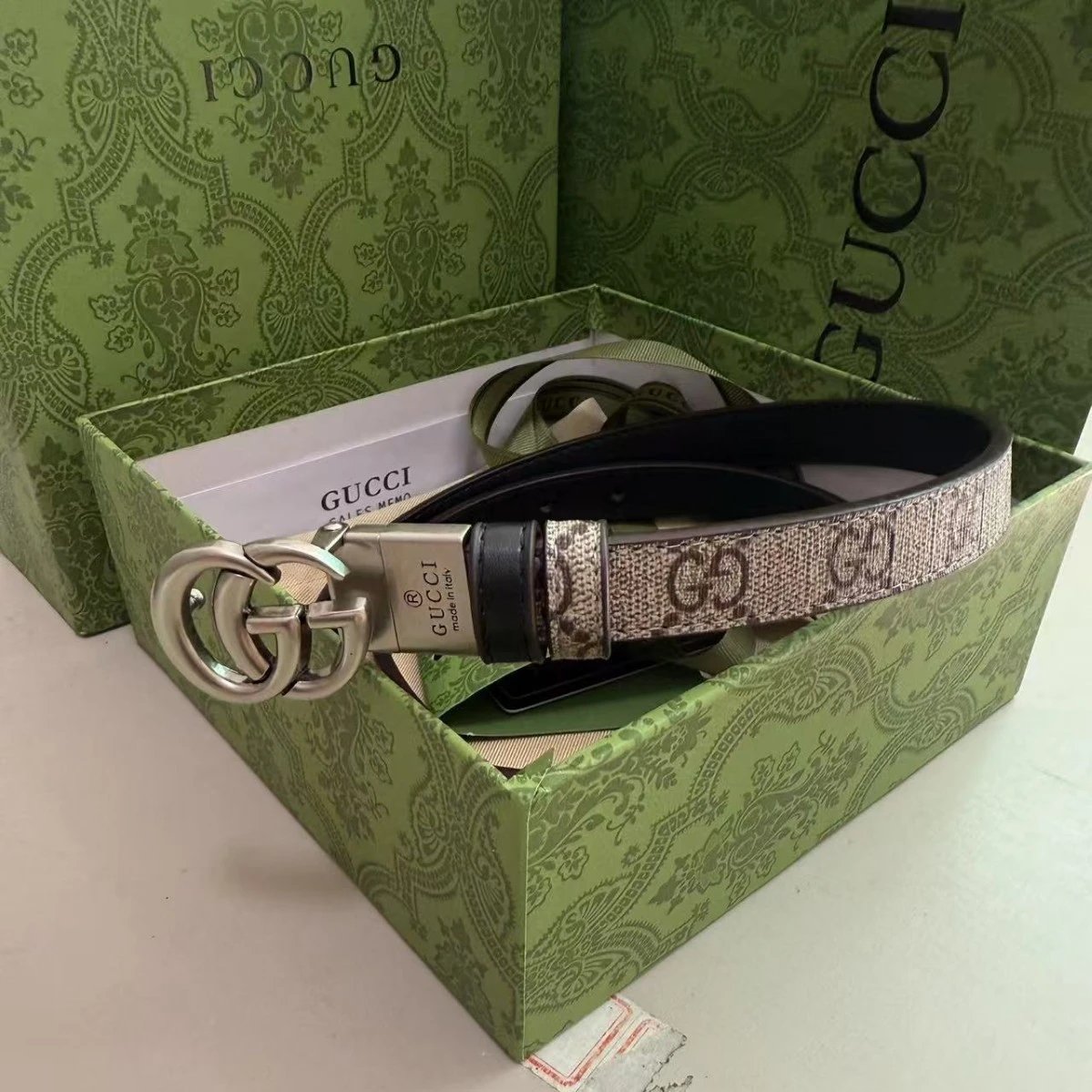 Gucci GG Marmont Web Belt Beige and Black Canvas Belt - 7