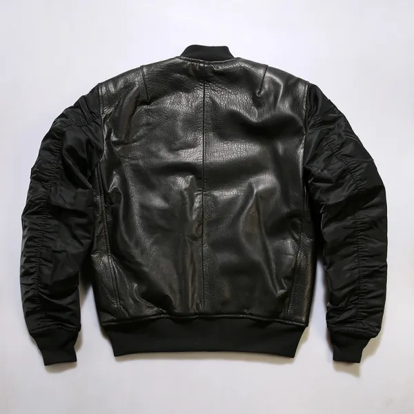 Design Alpha Industries MA-1 Flight Jacket Black Leather with Patch Embellishments Leather Jacket - 11