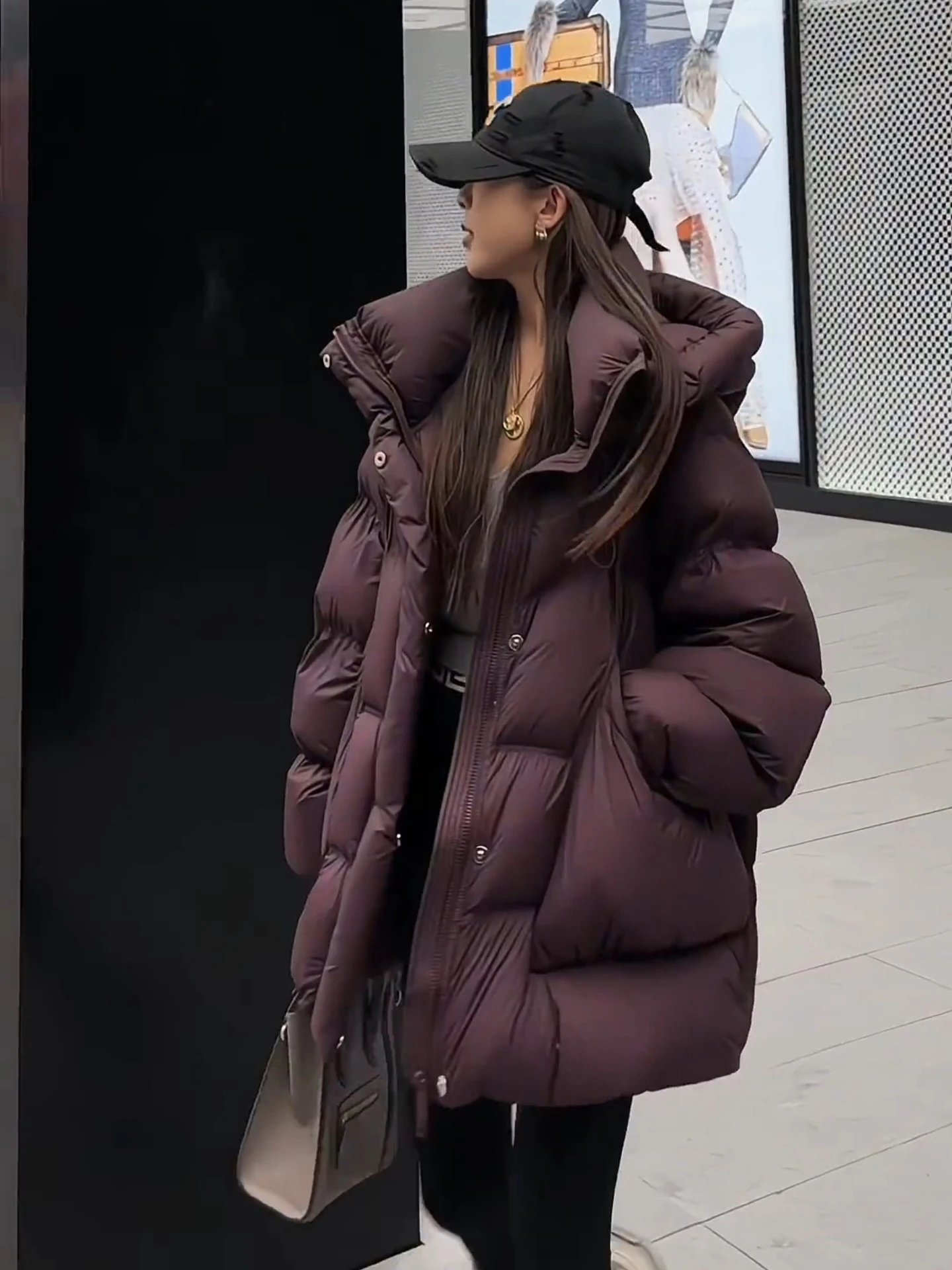 Chanel Logo Cap + Oversized Puffer Coat in Burgundy Down Jacket - 22