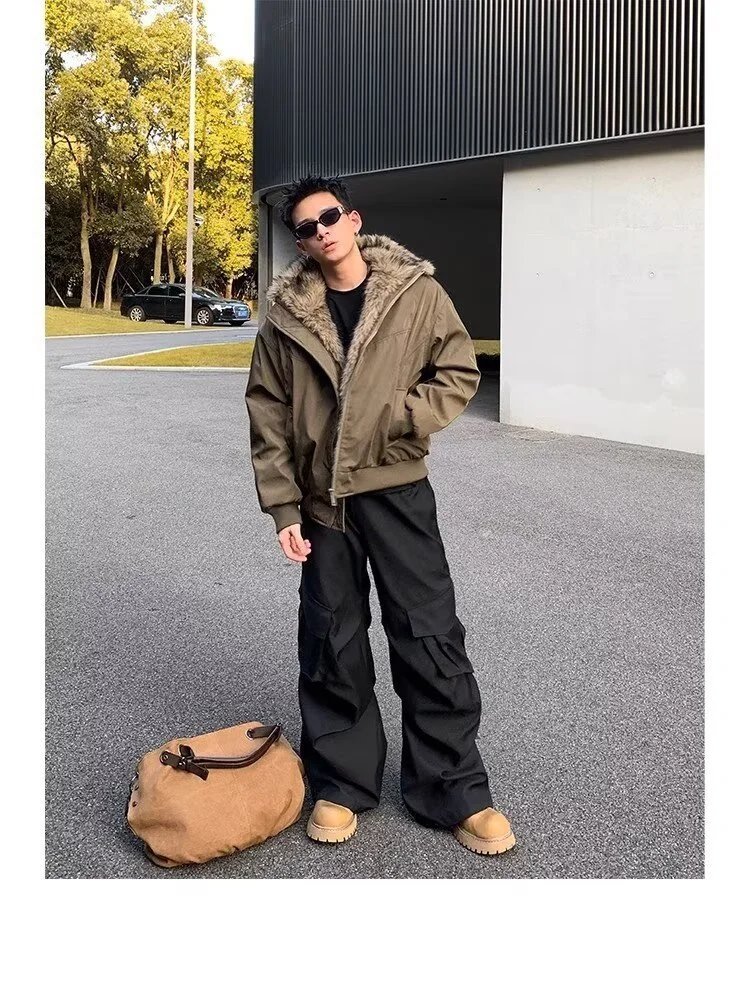 Design Olive Green Faux Fur Collar Bomber Jacket Outerwear.jacket - 9