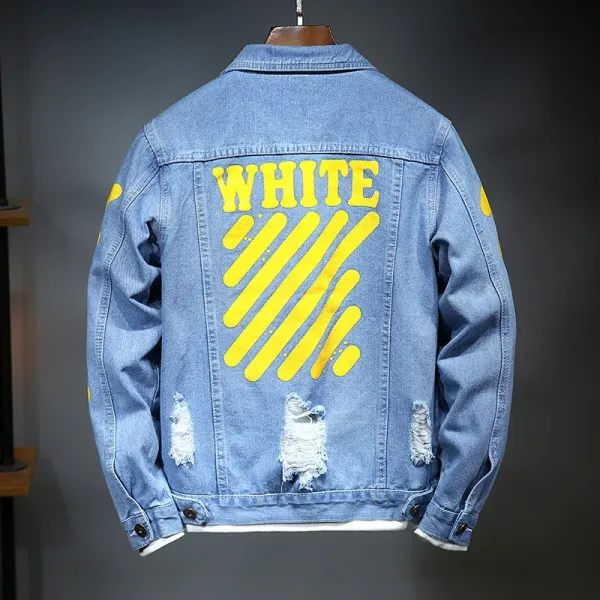 Off-White Denim Jacket Yellow Graphic Back Print Light Wash Denim Jacket - 1