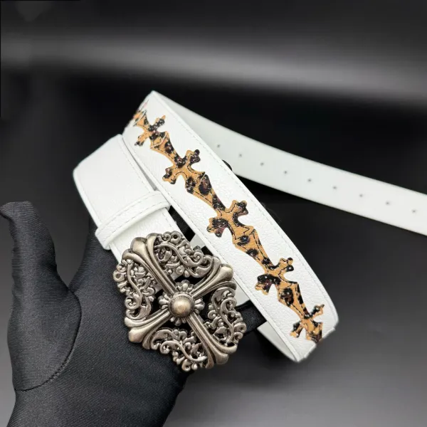 Chrome Hearts Cross Motif Leopard Print White Leather Belt - 1