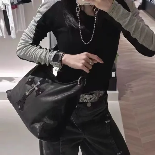 Chrome Hearts Cross-Embossed Leather Hobo Bag Black - 4