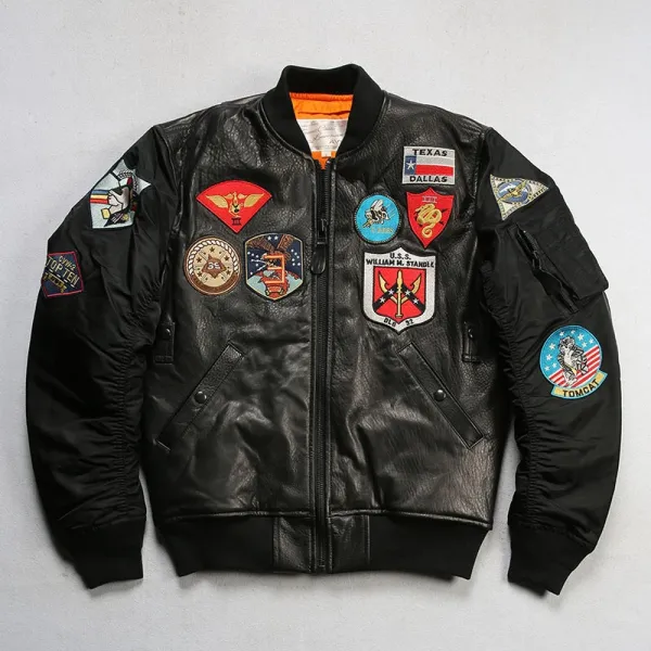 Design Alpha Industries MA-1 Flight Jacket Black Leather with Patch Embellishments Leather Jacket - 9