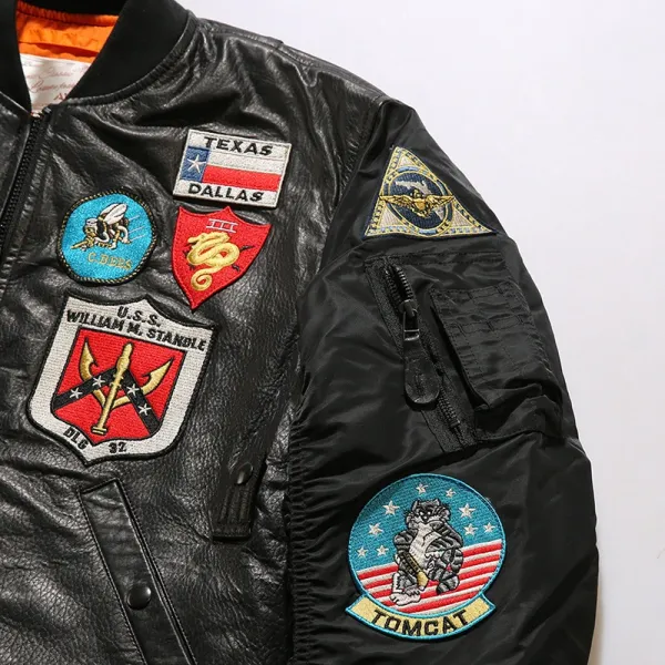 Design Alpha Industries MA-1 Flight Jacket Black Leather with Patch Embellishments Leather Jacket - 16