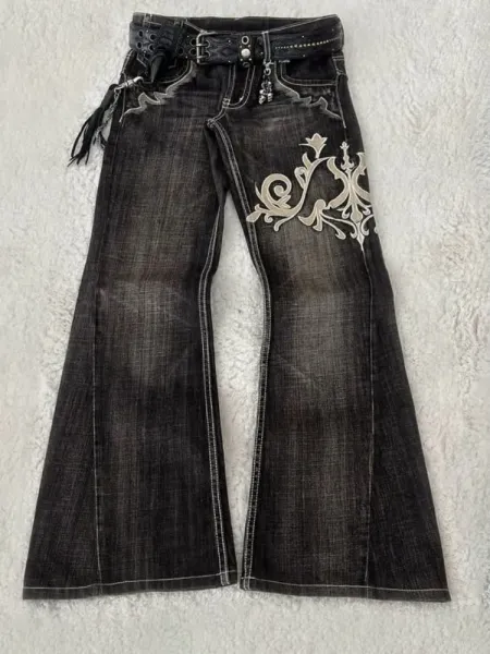 Design Flared Jeans with Embroidered Floral Motif and Chain Detail - 9