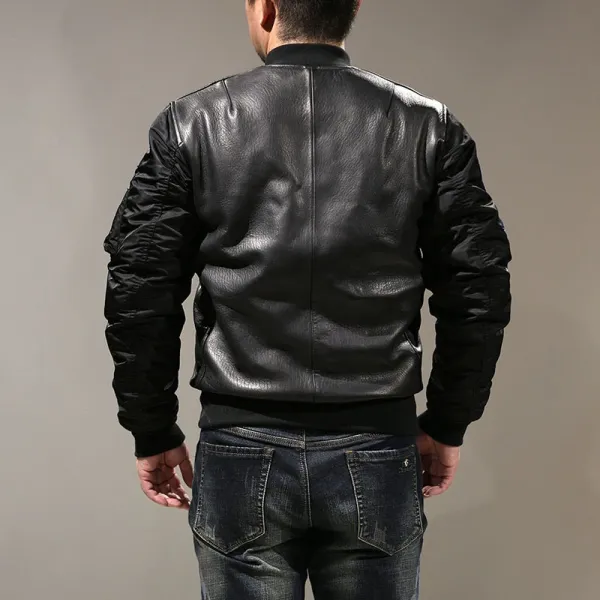 Design Alpha Industries MA-1 Flight Jacket Black Leather with Patch Embellishments Leather Jacket - 4