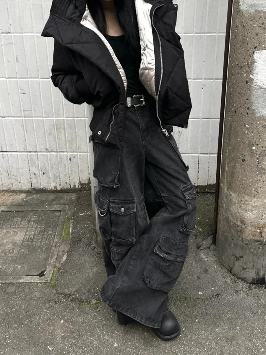 Design Cargo Pants Black Washed Wide-Leg Jeans - 7