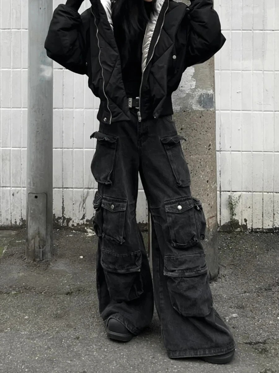 Design Cargo Pants Black Washed Wide-Leg Jeans - 9