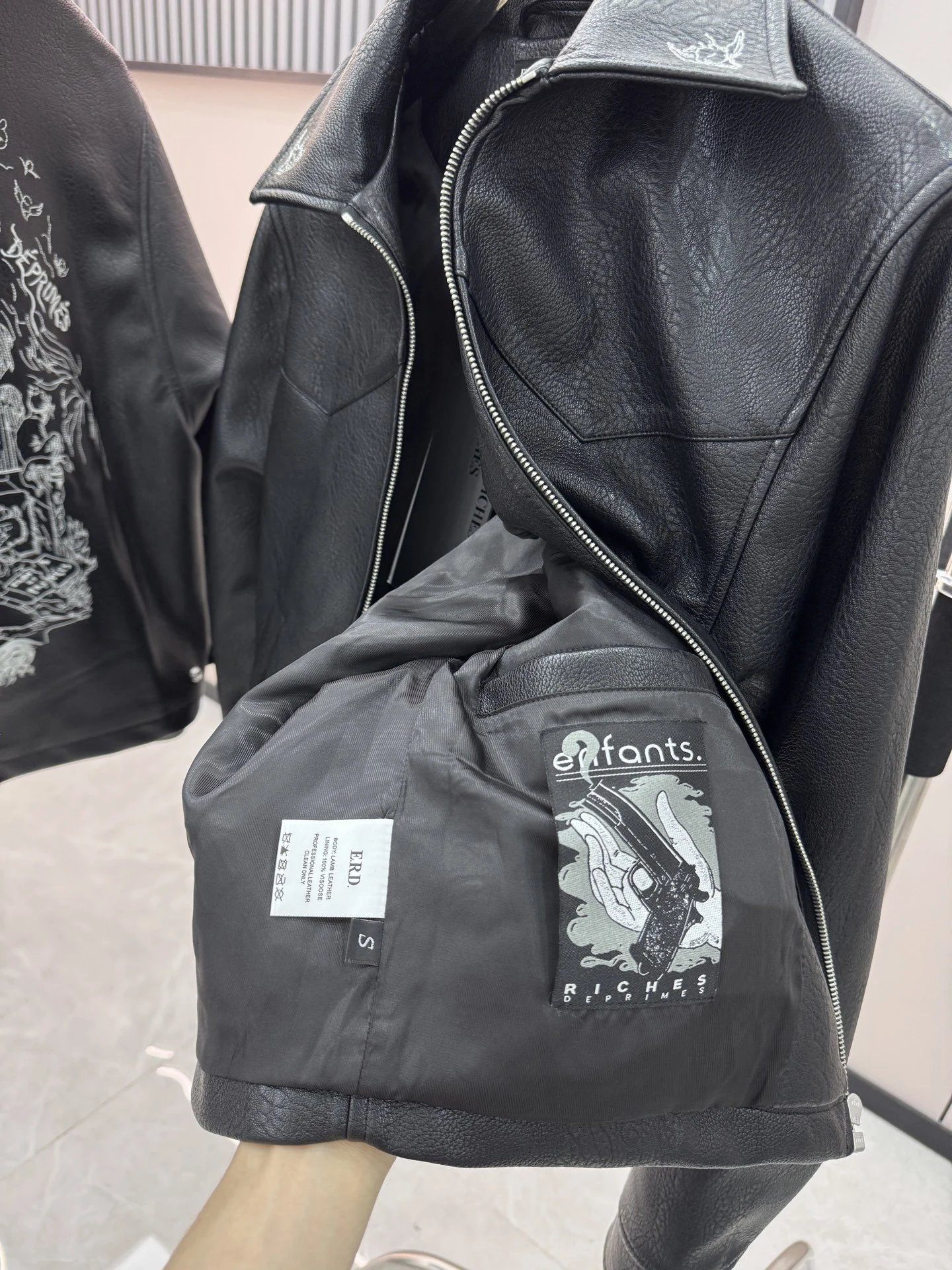 Enfants Riches Déprimés Leather Jacket Black with Back Print - 11