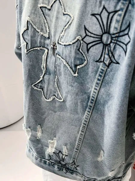 Chrome Hearts Embroidered Distressed Denim Jacket Light Wash Denim-Jacket - 4
