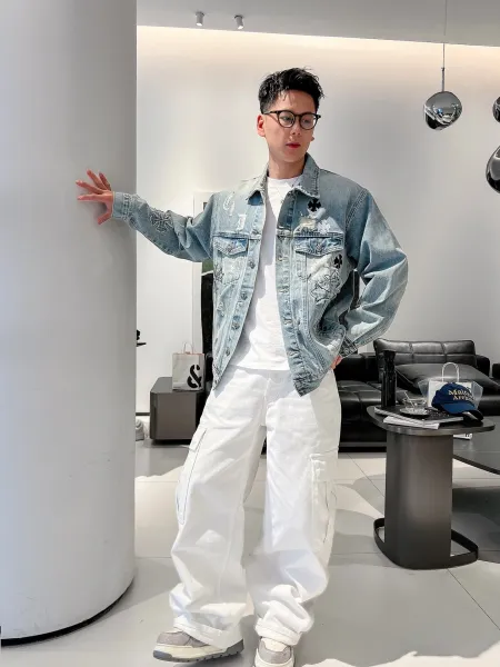 Chrome Hearts Embroidered Distressed Denim Jacket Light Wash Denim-Jacket - 6