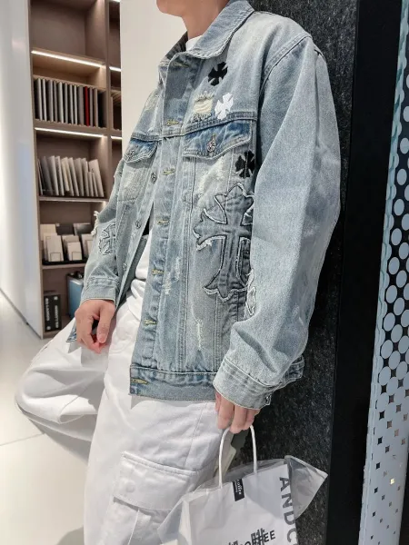 Chrome Hearts Embroidered Distressed Denim Jacket Light Wash Denim-Jacket - 14