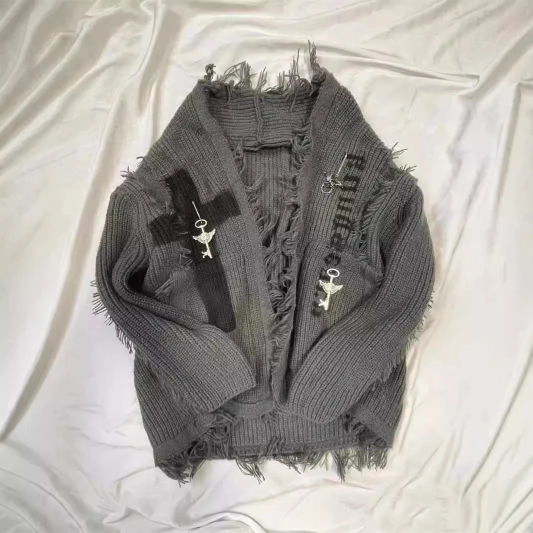 Design Cain Distressed Knit Cardigan Gray Outerwear.cardigan - 2