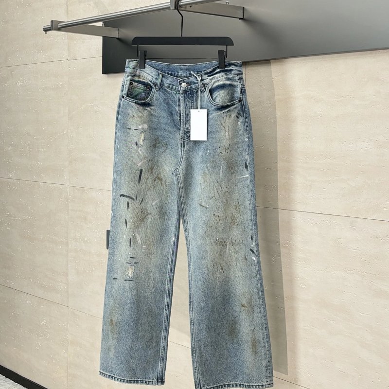 Distressed Paint-Splatter Wide-Leg Jeans